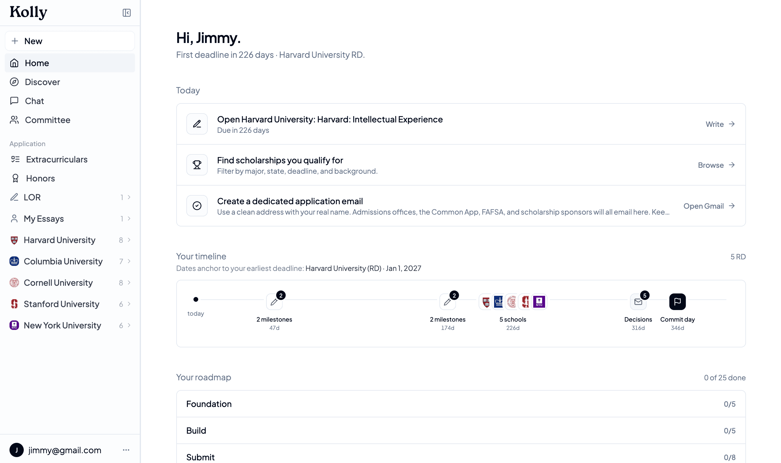 Kolly application home with deadline timeline and 25-step roadmap